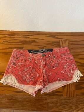 Vanilla Star Coral Red Bandana Print Denim Shorts with Lace Trim